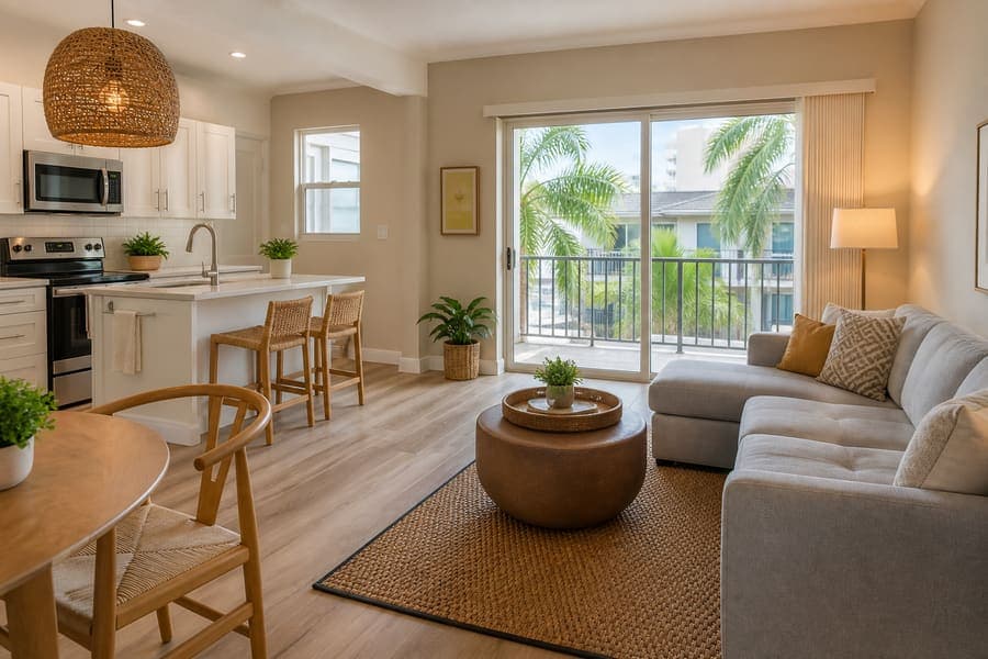 Bright apartment living room and kitchenette after cleaning