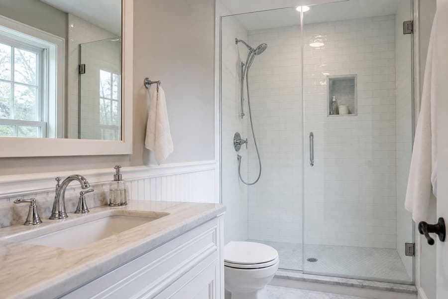 Deep-cleaned bathroom with gleaming tile and fixtures
