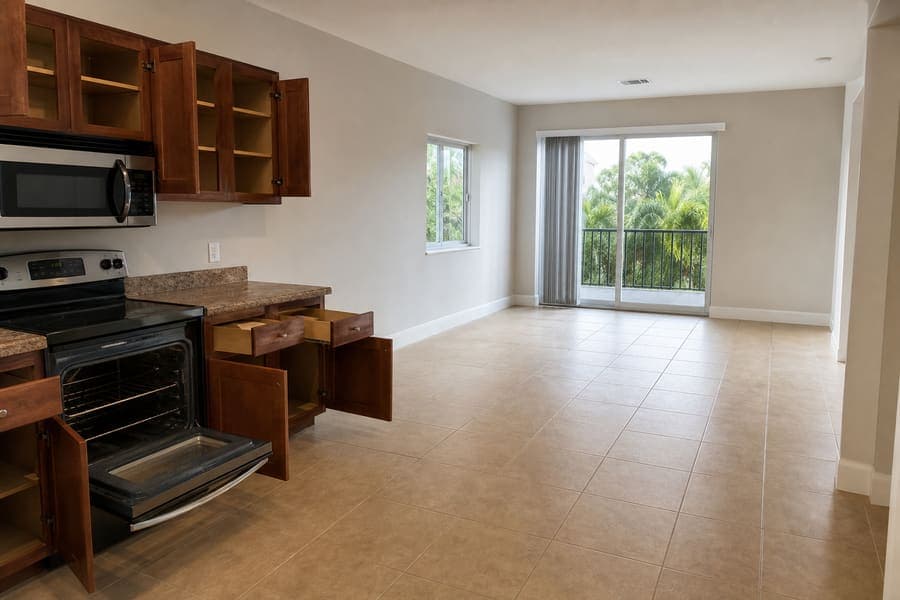 Empty apartment kitchen ready for a move-out cleaning inspection