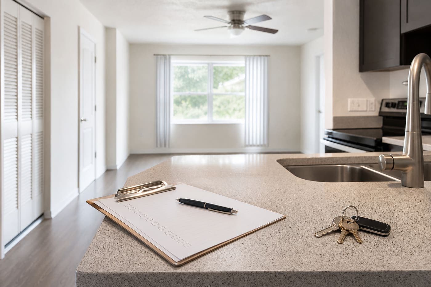 Move-out inspection checklist and keys on a clean rental kitchen counter