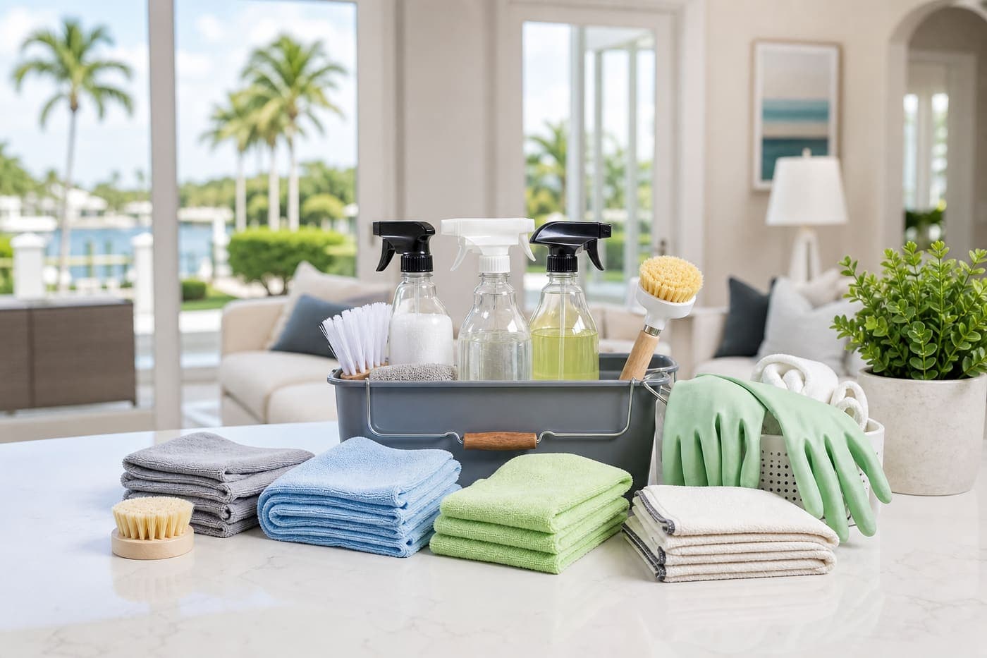Professional cleaning supplies arranged on a bright kitchen island